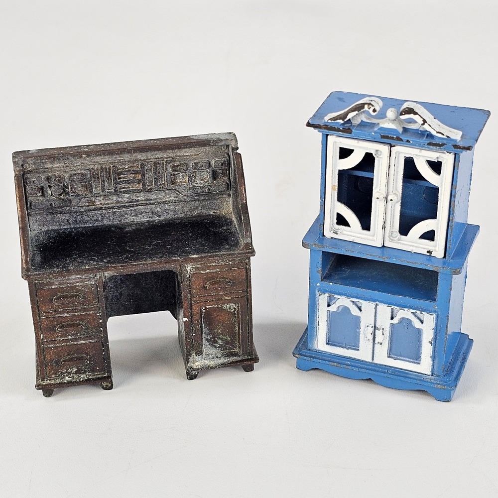 Vintage Durham Industries Diecast Metal Miniature Hutch and Roll Top Desk Set